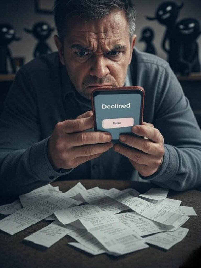 Declined phone amid receipts, debt monsters lurk.
