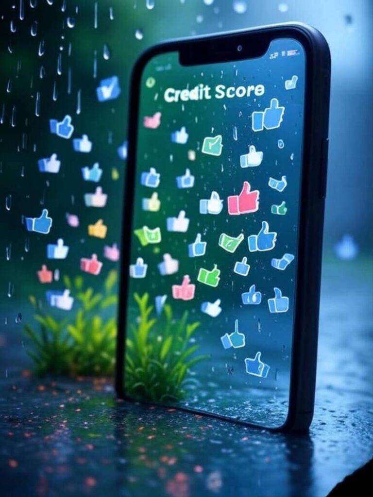 Rainy window reflects credit score app checkmarks.