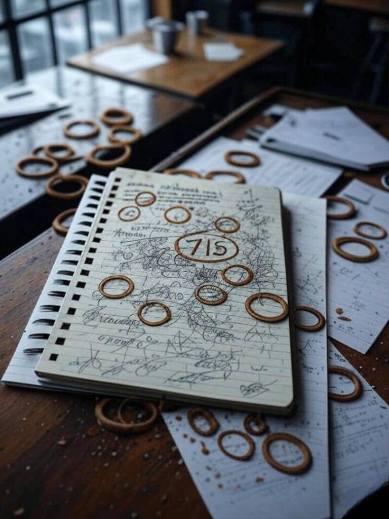 Notebook scribbles, coffee rings frame 715 score.