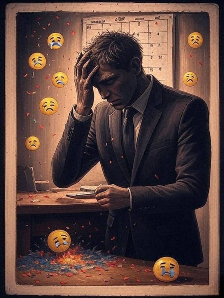 Exploding calendar, regretful figure, sad dollar emojis fall.