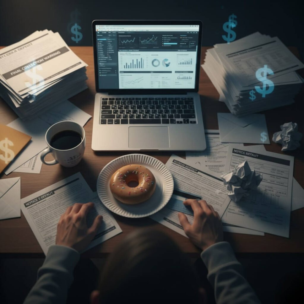 An overhead view of a cluttered desk with financial documents.