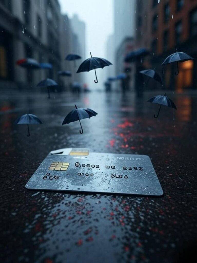 Rain-soaked credit card on wet sidewalk.