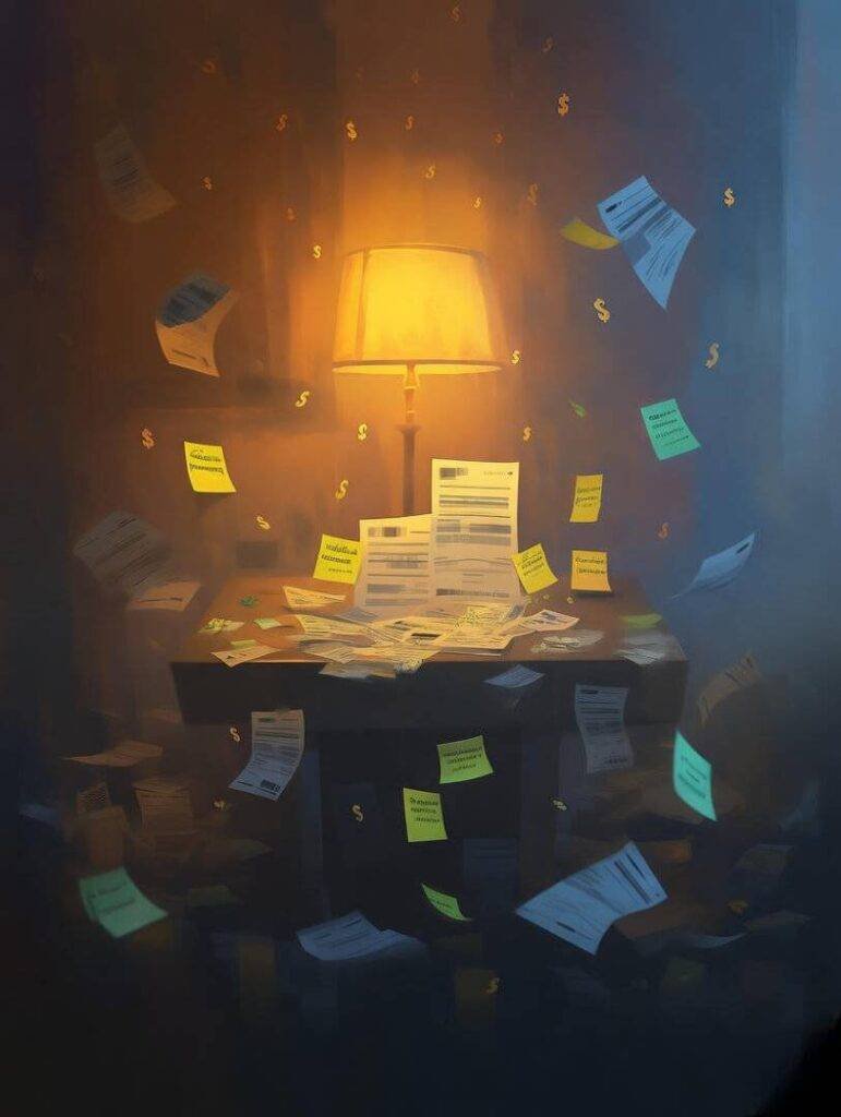 Dimly lit chaos, sticky notes flutter triumphantly.