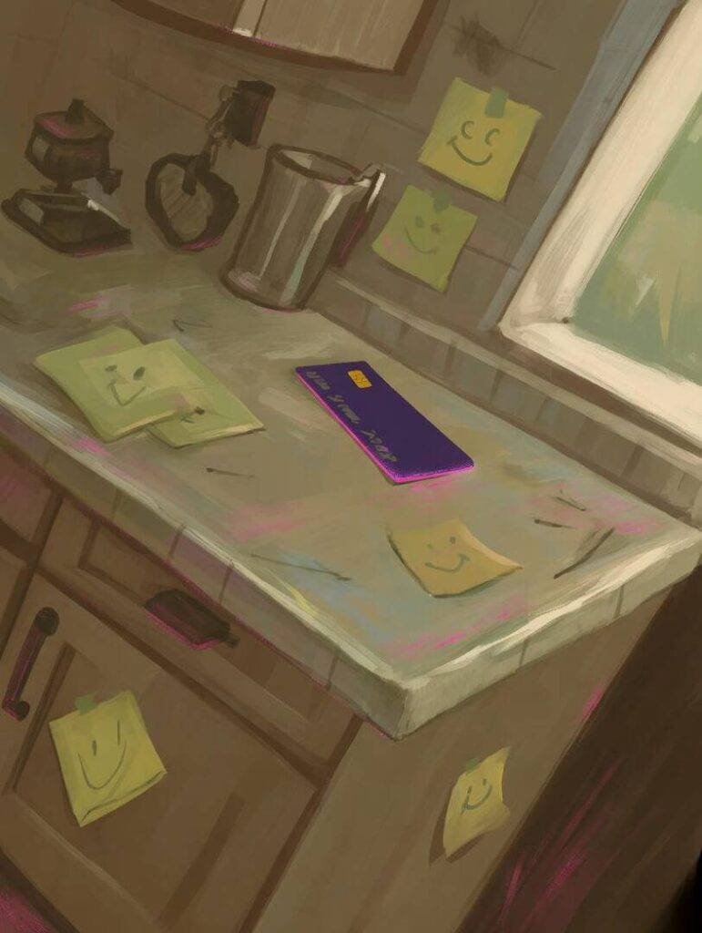 Cluttered kitchen counter, credit card, smiley notes.