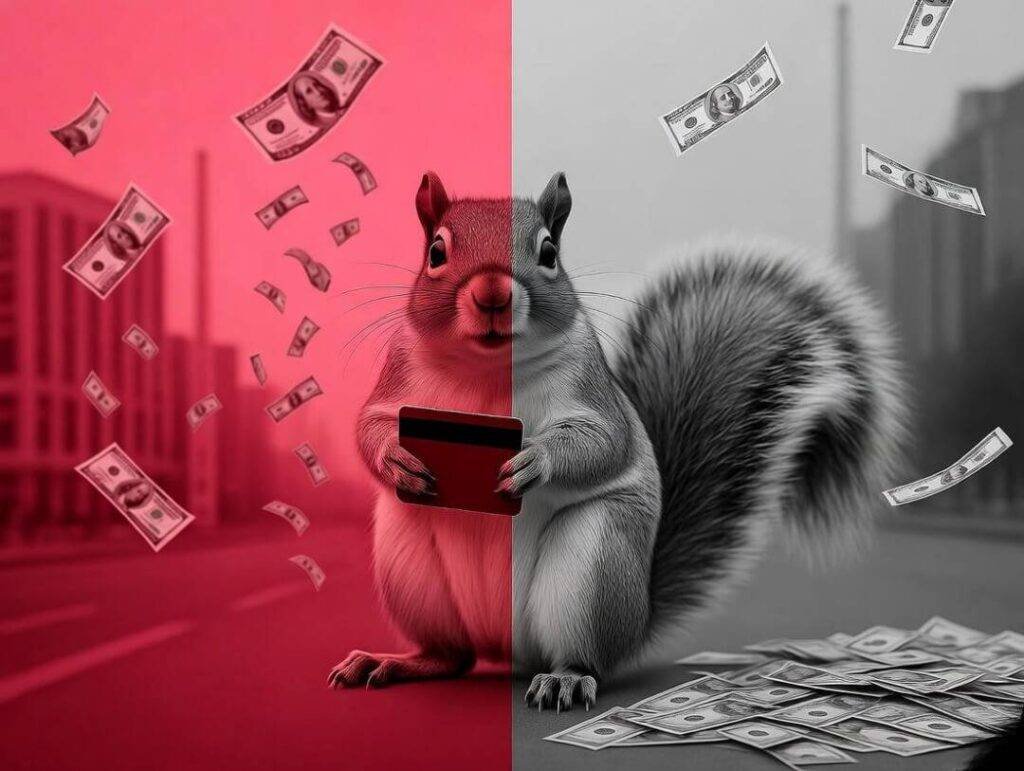 Split screen: cash rain vs. tangled airline miles, with a confused squirrel.