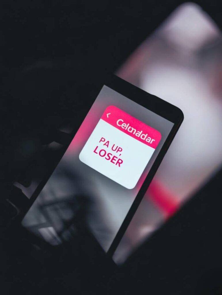 Phone screen with "PAY UP, LOSER" alert, app.