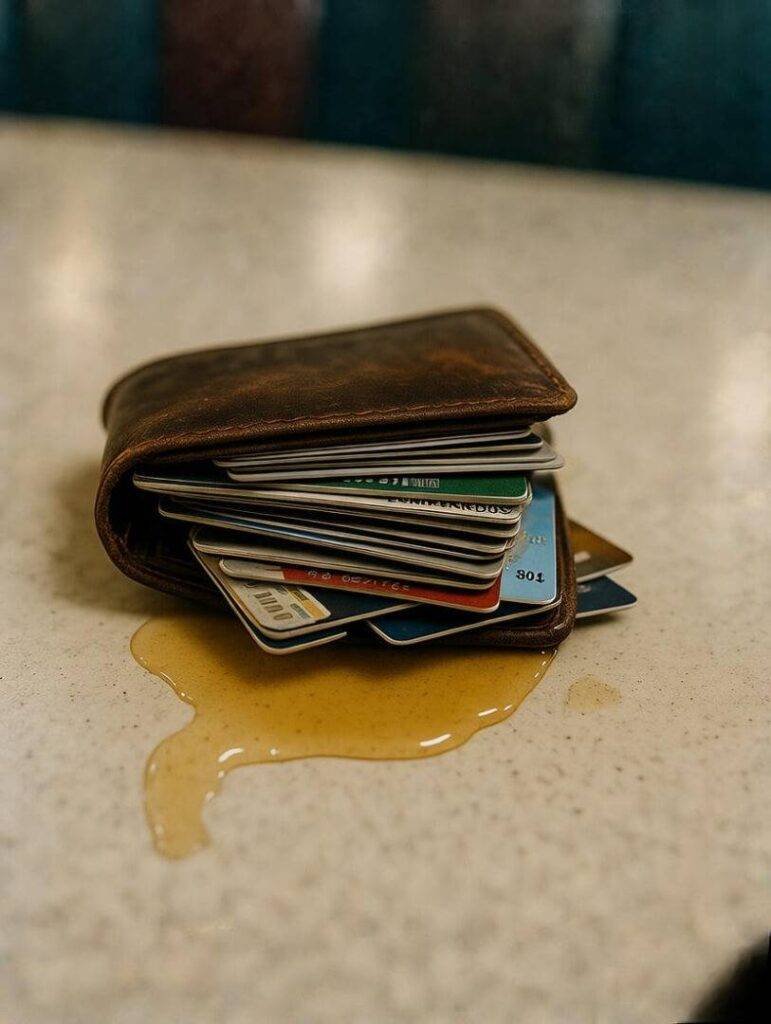 Overstuffed wallet with old cards, syrup stain on table.