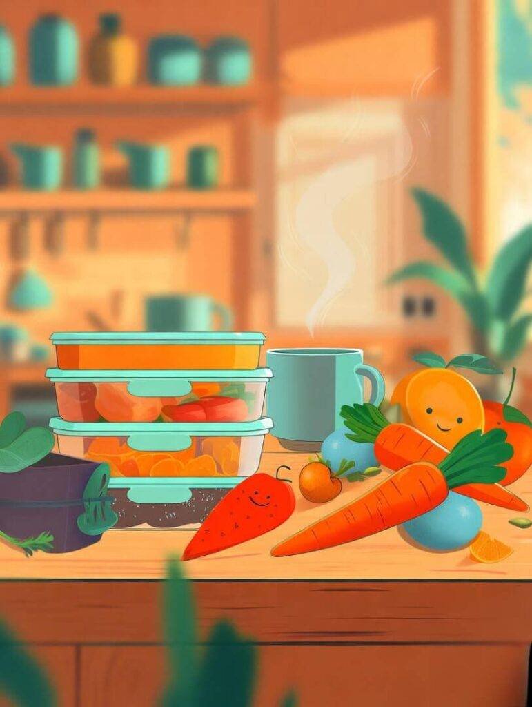 Cluttered counter with meal prep and smiling carrot.