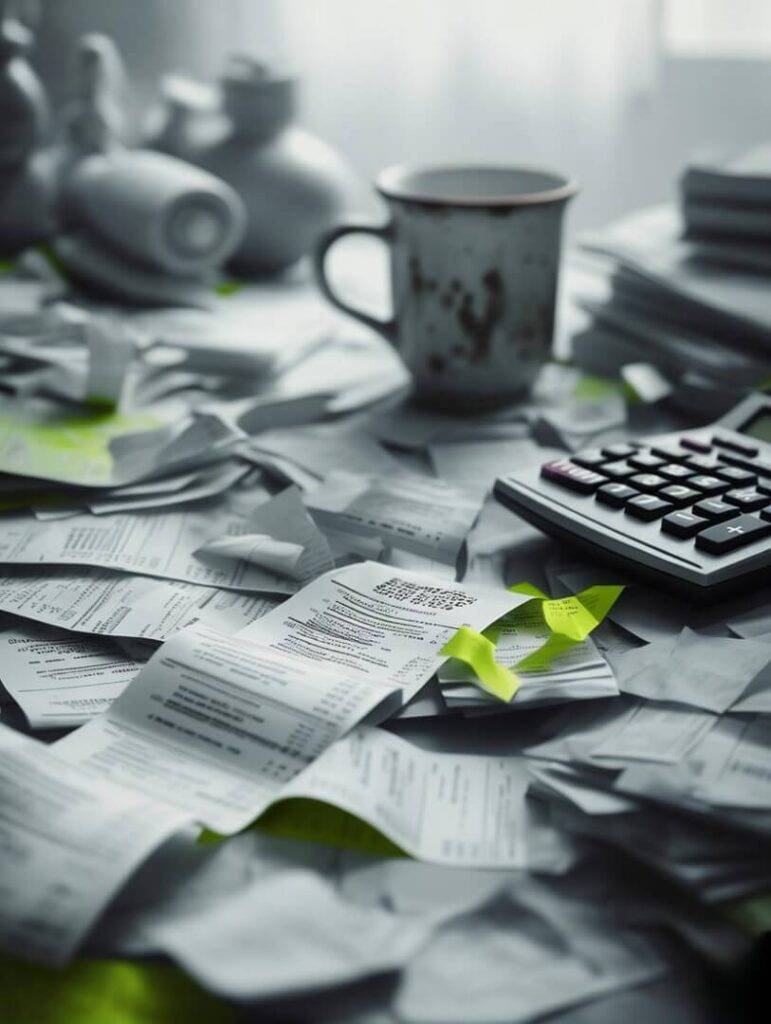 Cluttered desk receipts calculator, humorous gray-green tones.