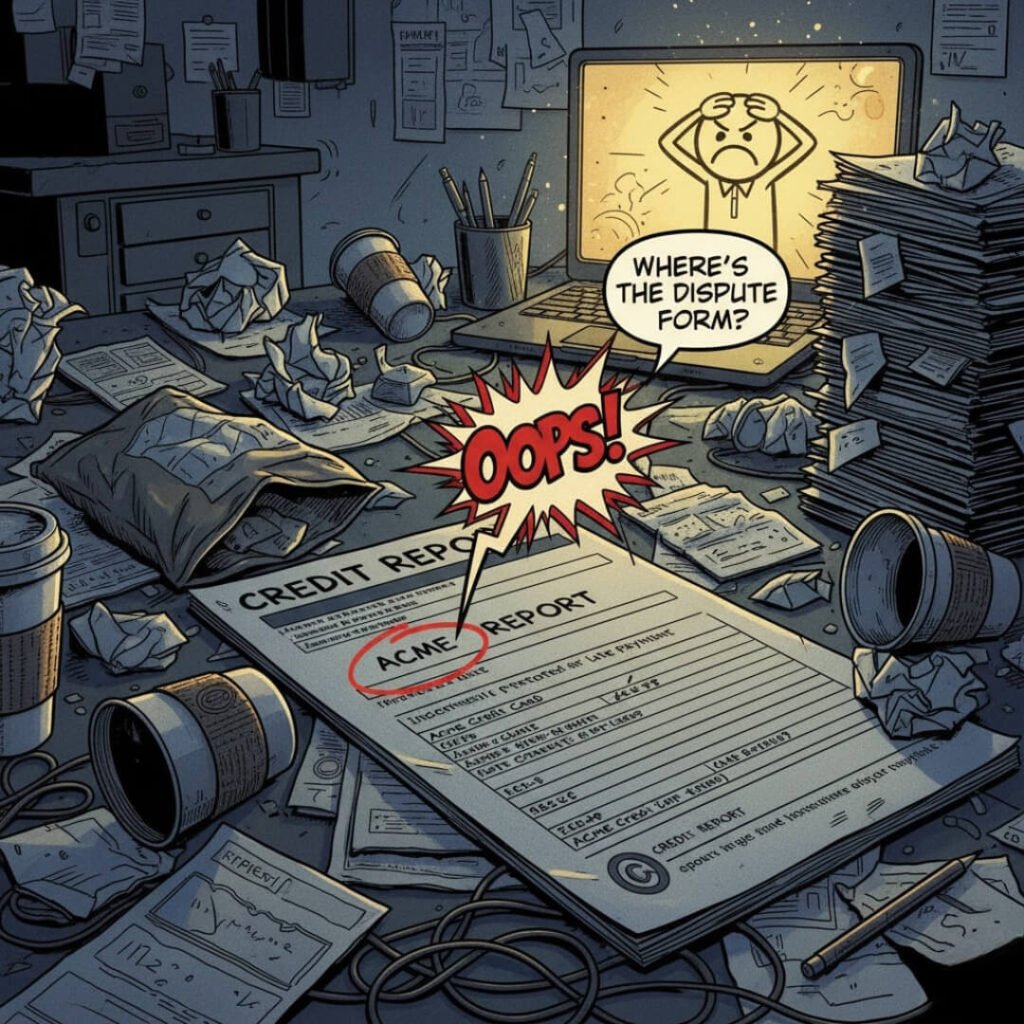 Comic desk, credit report error, "Oops!"