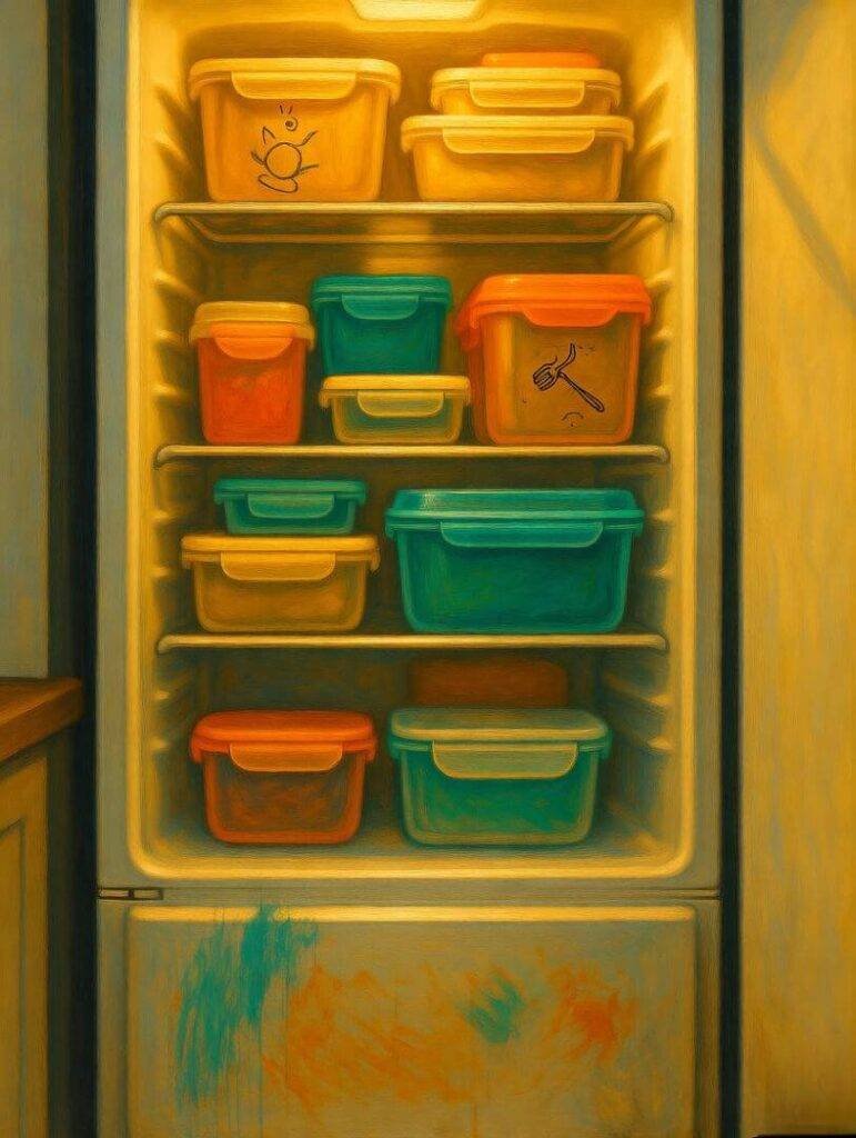 Overstuffed fridge, mismatched meal prep, kid's drawing, dancing fork.