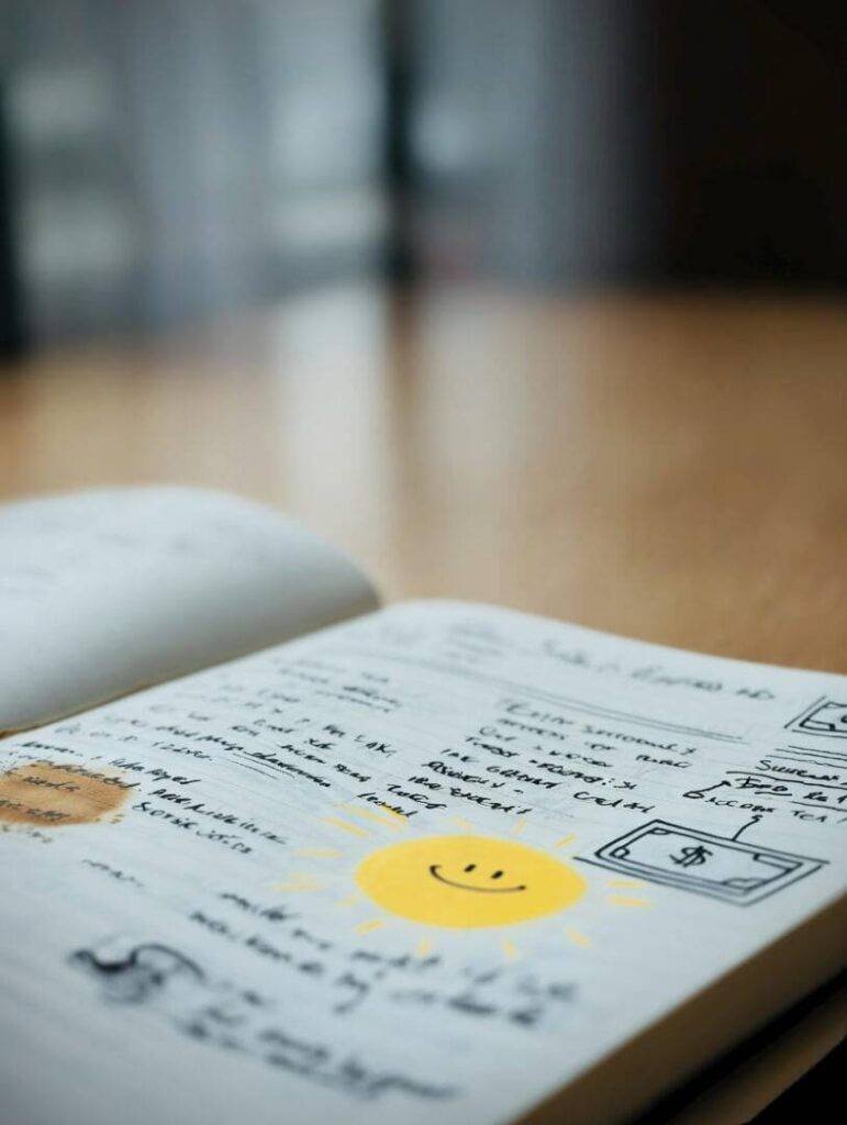 Optimistic notebook with budgets and smiley dollars.