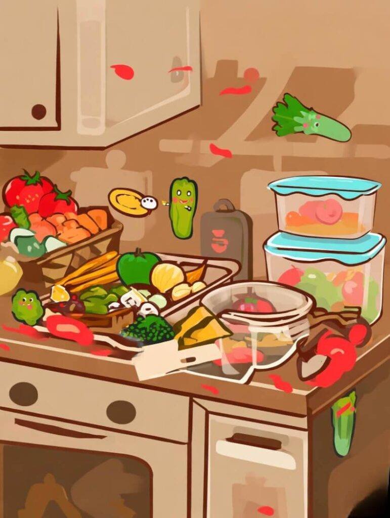 Chaotic veggie prep with smiling stickers on counter.