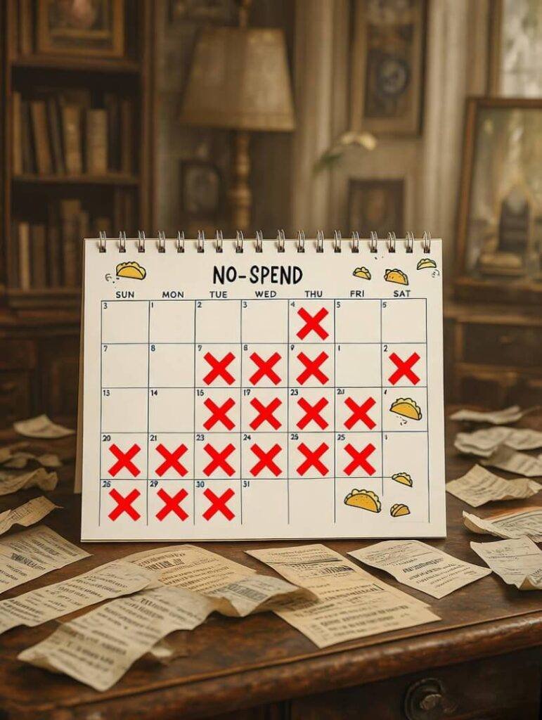 Cluttered desk: calendar with red X's, receipts, doodle tacos.