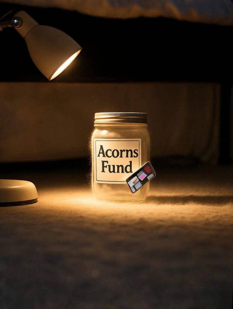 Dusty jar "Acorns Fund" under bed glow.