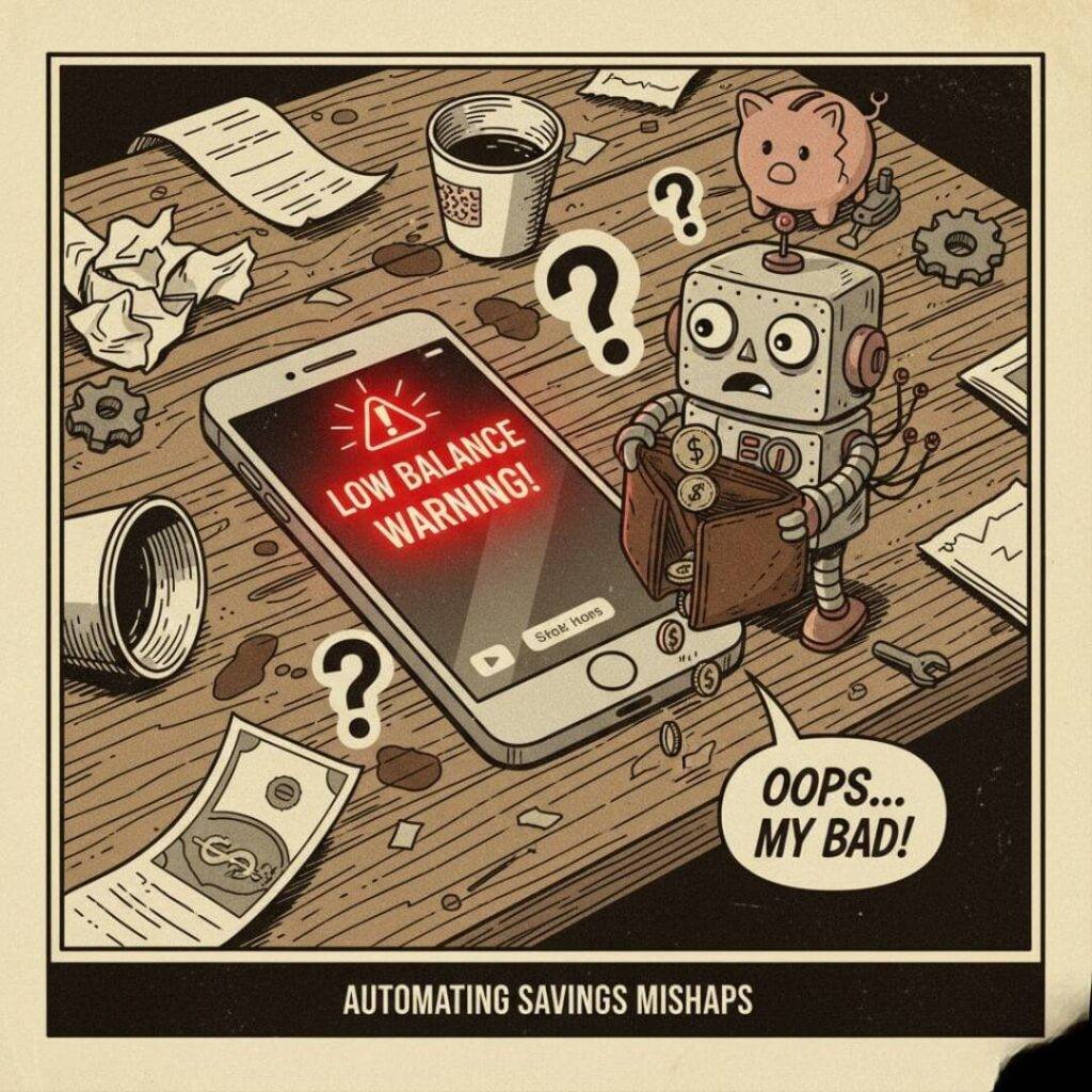 Robot apologizes for low balance, vintage comic style.