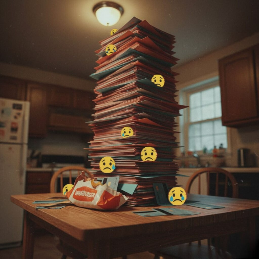 Towering credit card statements, sad emojis, Whataburger.