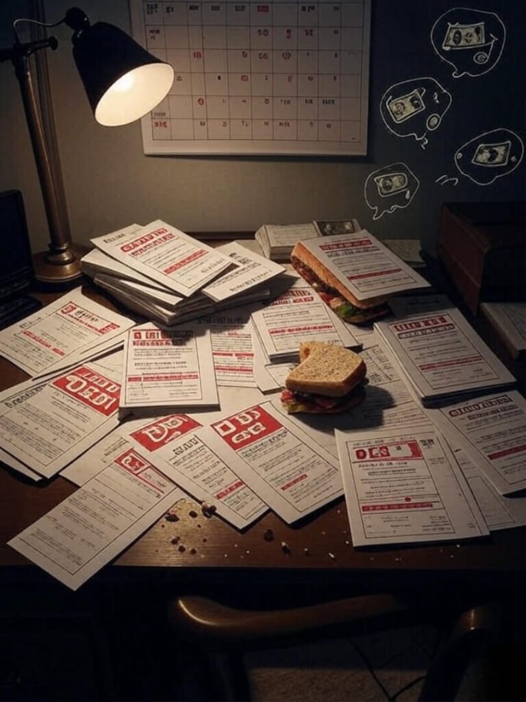Cluttered desk, debt notices, sandwich, vulture-like calendar.