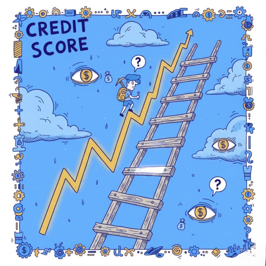 A person climbing a ladder over a credit score graph.