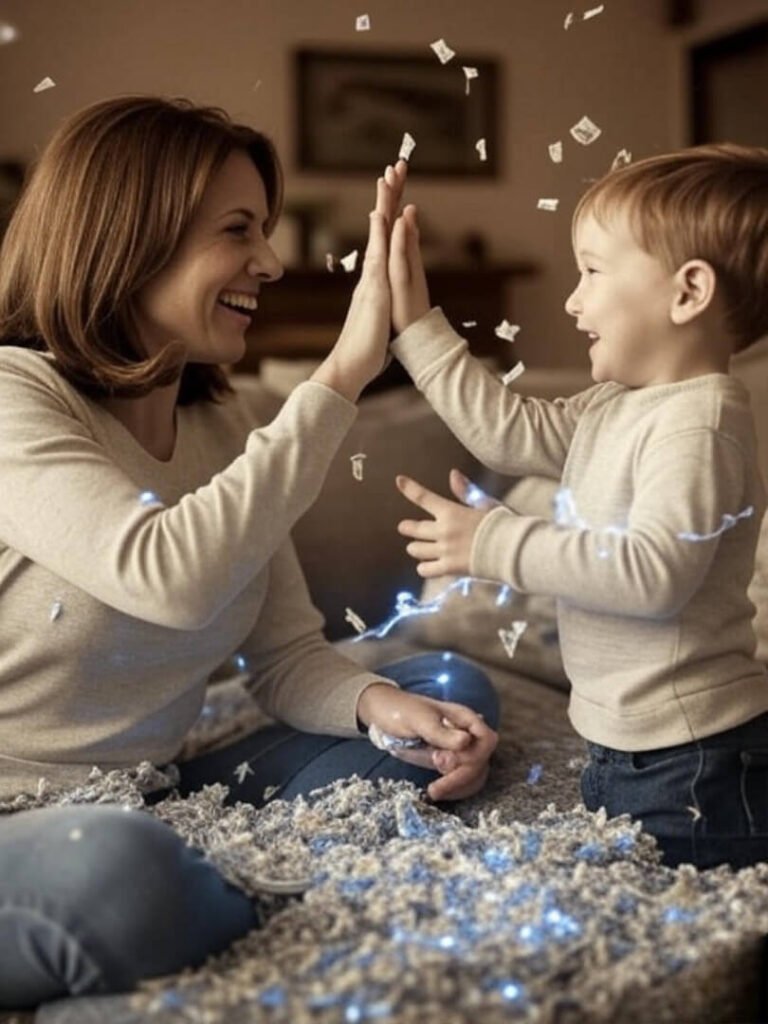 Mom and kid celebrate debt payoff joyfully.