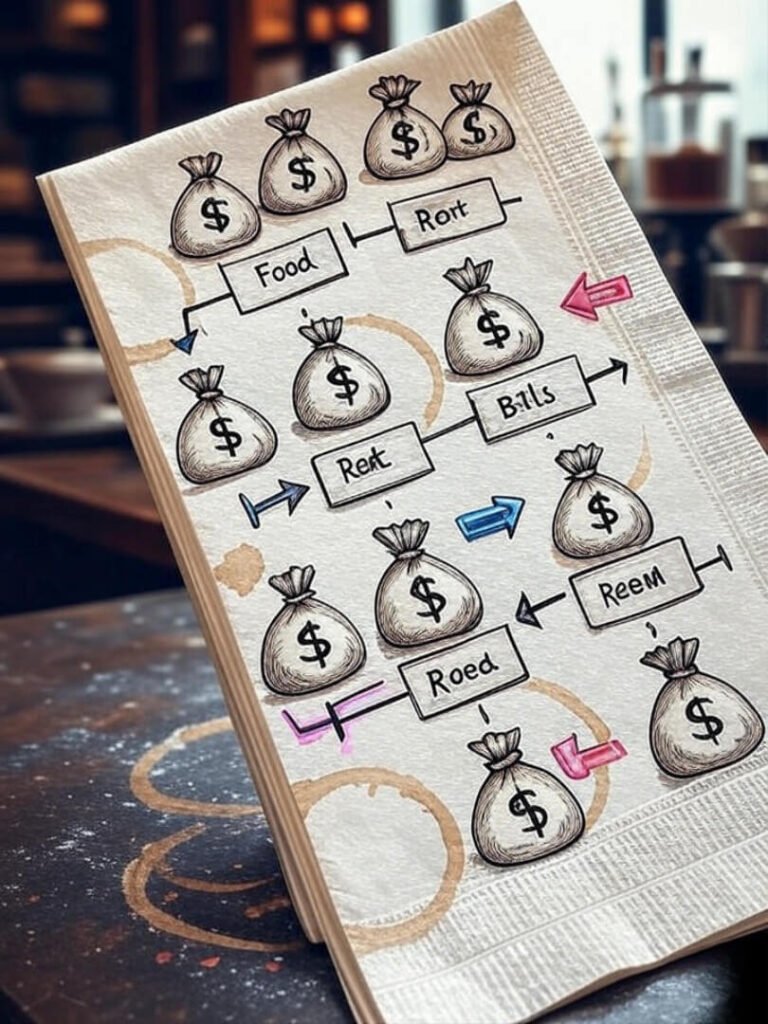 Hand-drawn budget flowchart on stained napkin sketch.