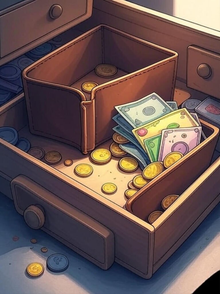 Wallet filling with savings, cartoon shadows, junk drawer.