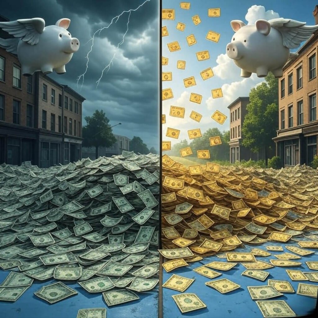 Stormy cage of bills, sunny wallet path, vintage.