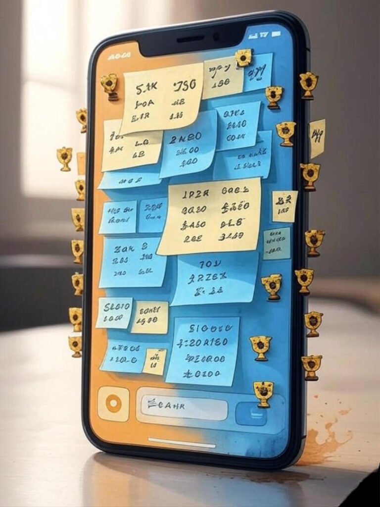 Budget app screen with sticky notes, trophies.