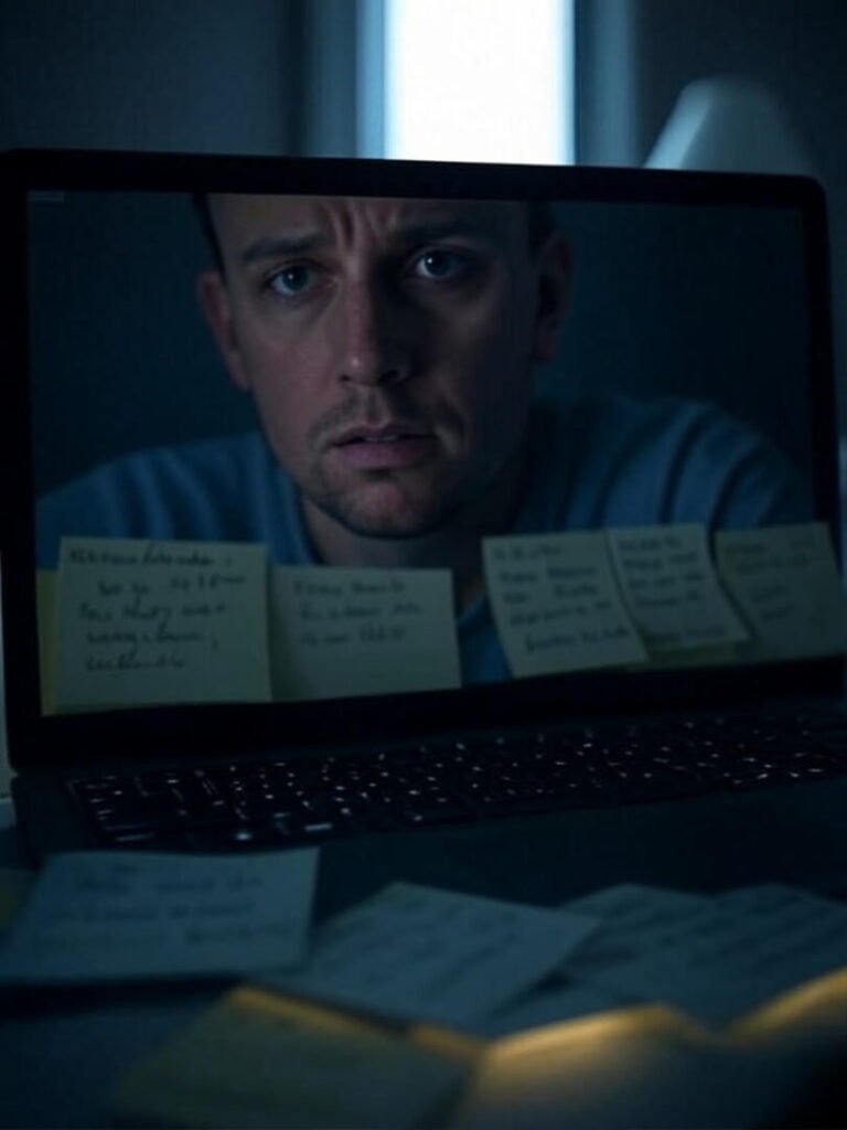 Blurry reflection in laptop amid sticky notes.