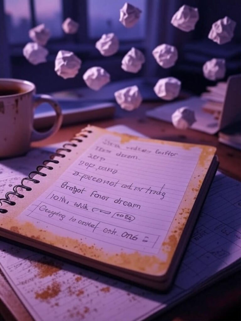 Coffee-stained notebook with app icons, mug in corner.