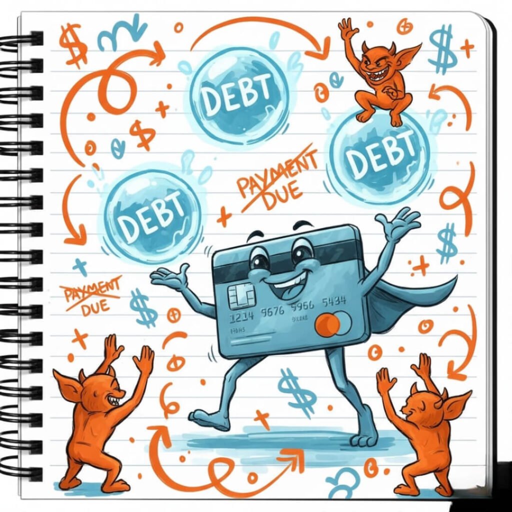 Credit card juggles debt, high-fiving gremlins.