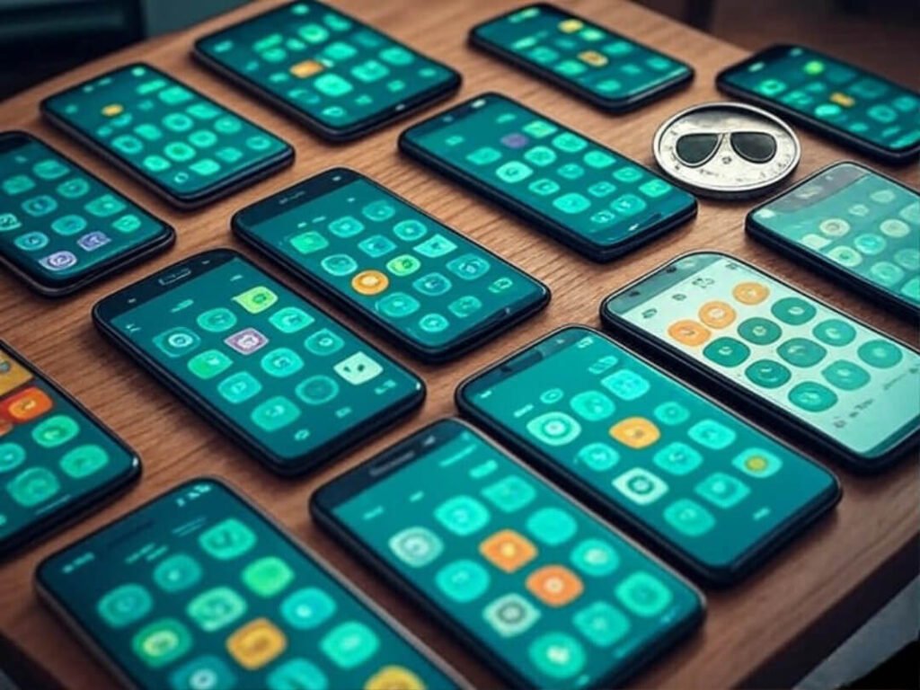 Phones with budget apps on cluttered table, quirky.