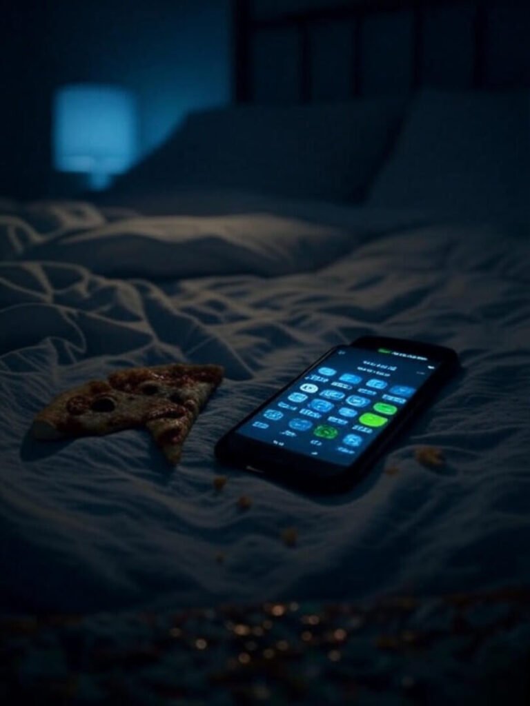 Phone app glow with pizza on bed.