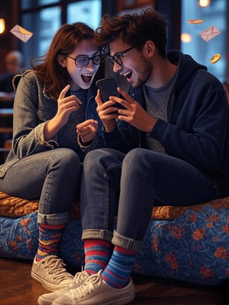 Couple arguing over phone, coins, mismatched socks.