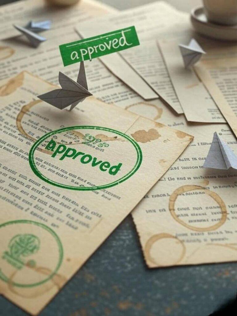 Coffee-stained papers, sock, paper airplanes, green stamp.