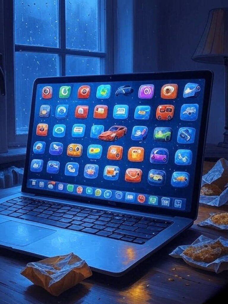 Rainy laptop gig apps, cars speeding, optimistic vibe.
