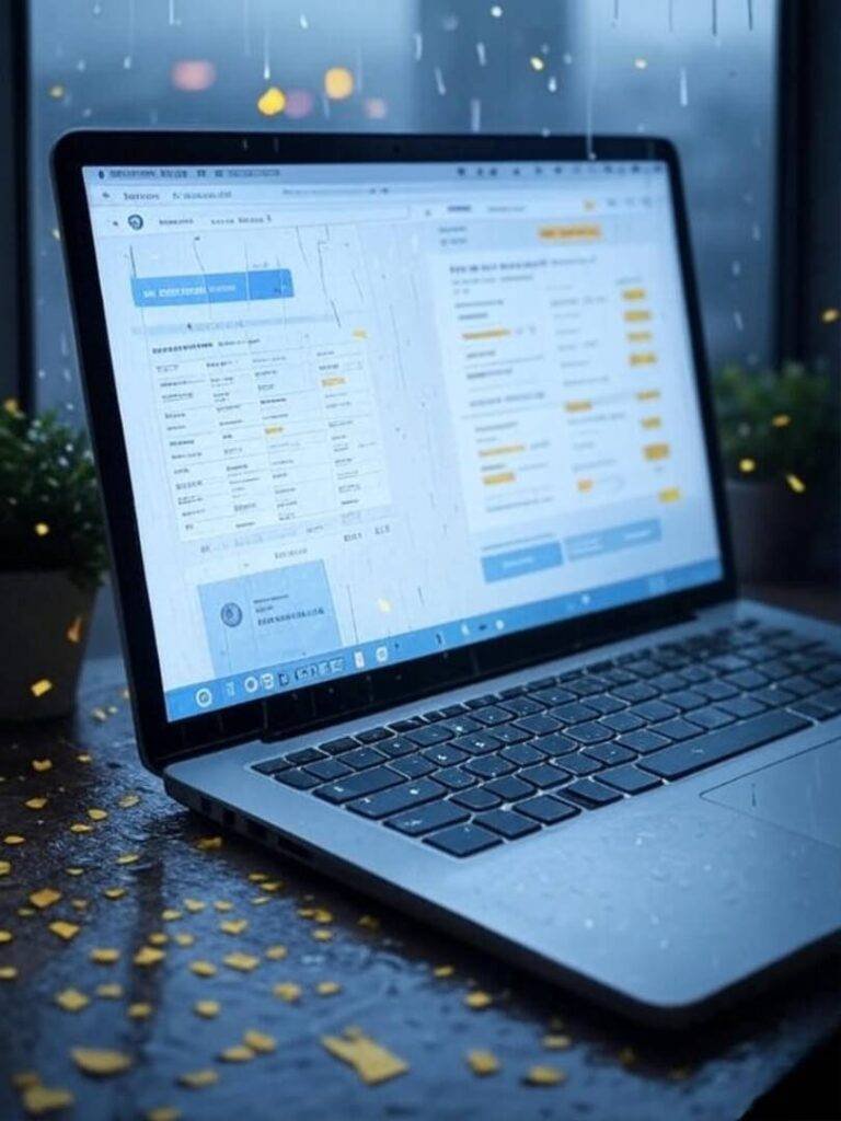 Laptop with loan sites, rainy window, currency confetti.