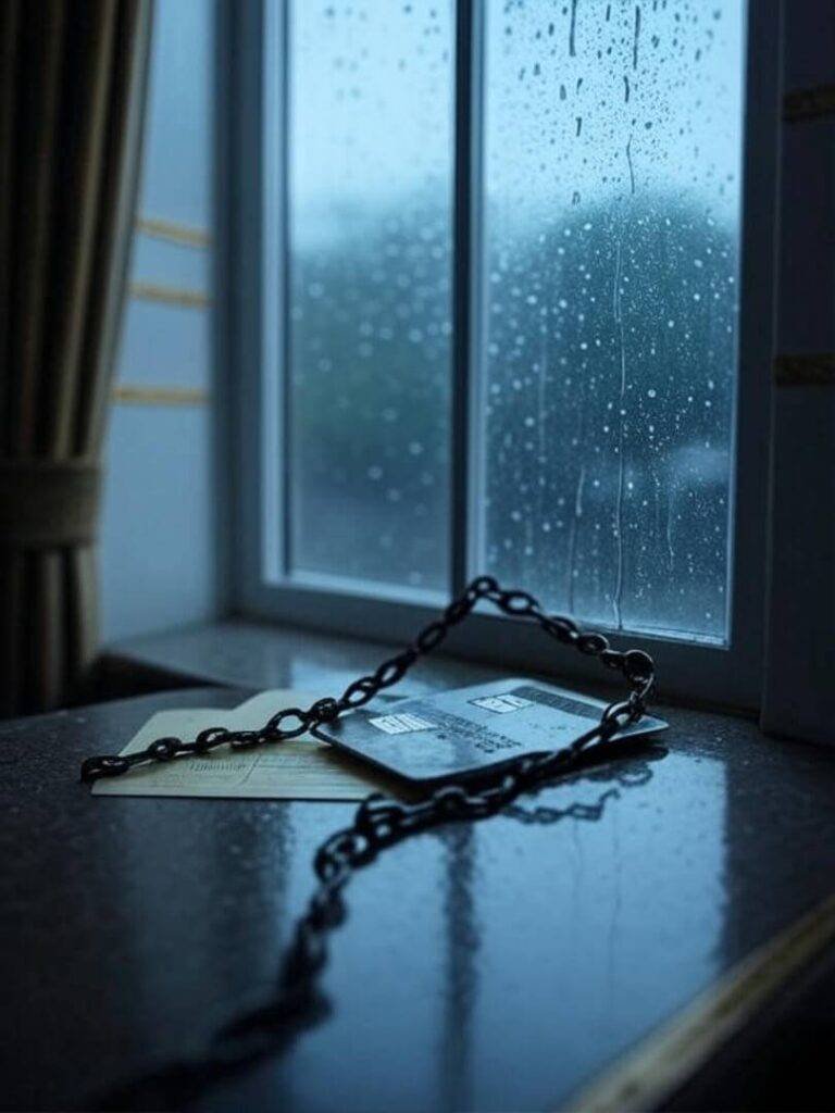 Rainy window view of chained credit card.