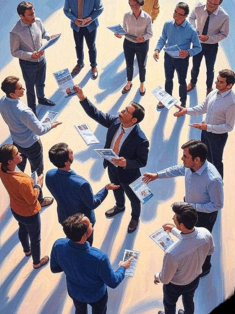 Overhead view of juggling credit reports, lender brochures, shadows.