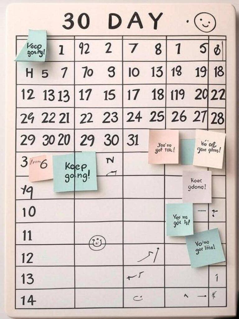 Vintage calendar with arrows, peeling motivational notes.