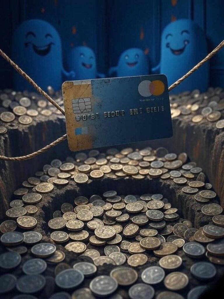 Credit card teeters over coin pit with monsters.