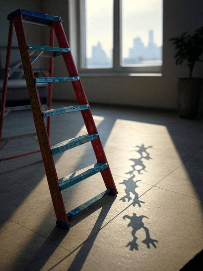 Toy ladder shadows twist into gremlin shapes.