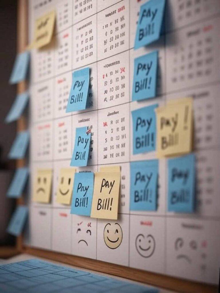 Blurred photo of a wall calendar with crossed-out months and sticky notes.
