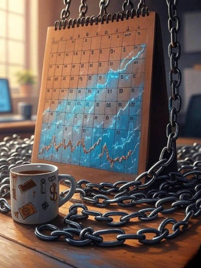 Calendar morphing into chains with coffee stains.