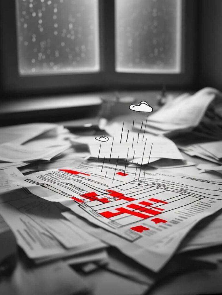 Crumpled statement under desk with rain clouds.