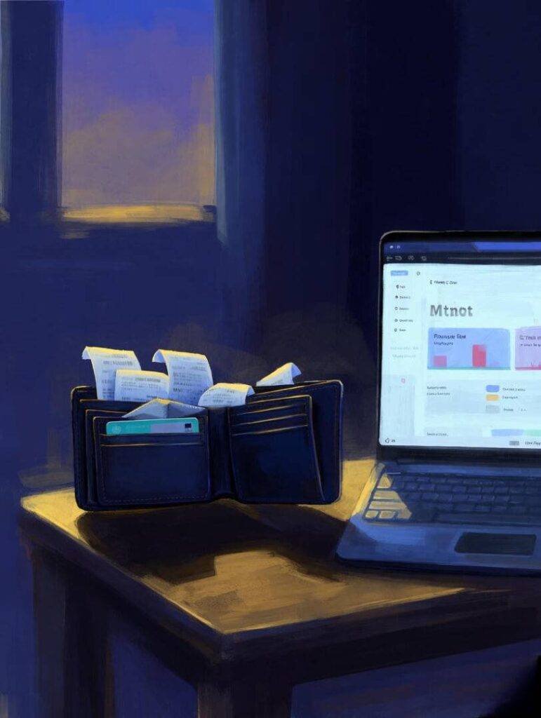 Chaotic wallet, receipts, credit card, laptop with Mint.