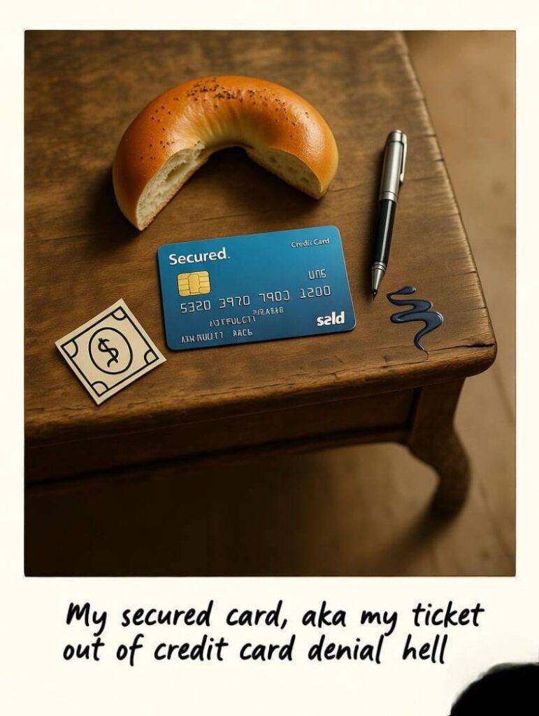 Secured card on table with bagel, doodled dollar.