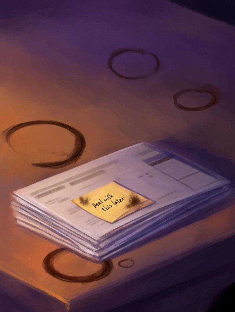 Unopened credit statements with coffee rings, "Deal with this later" note.