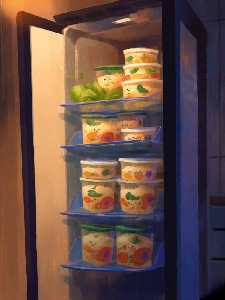 Fridge with budget meals, impressionistic fruit smiles.