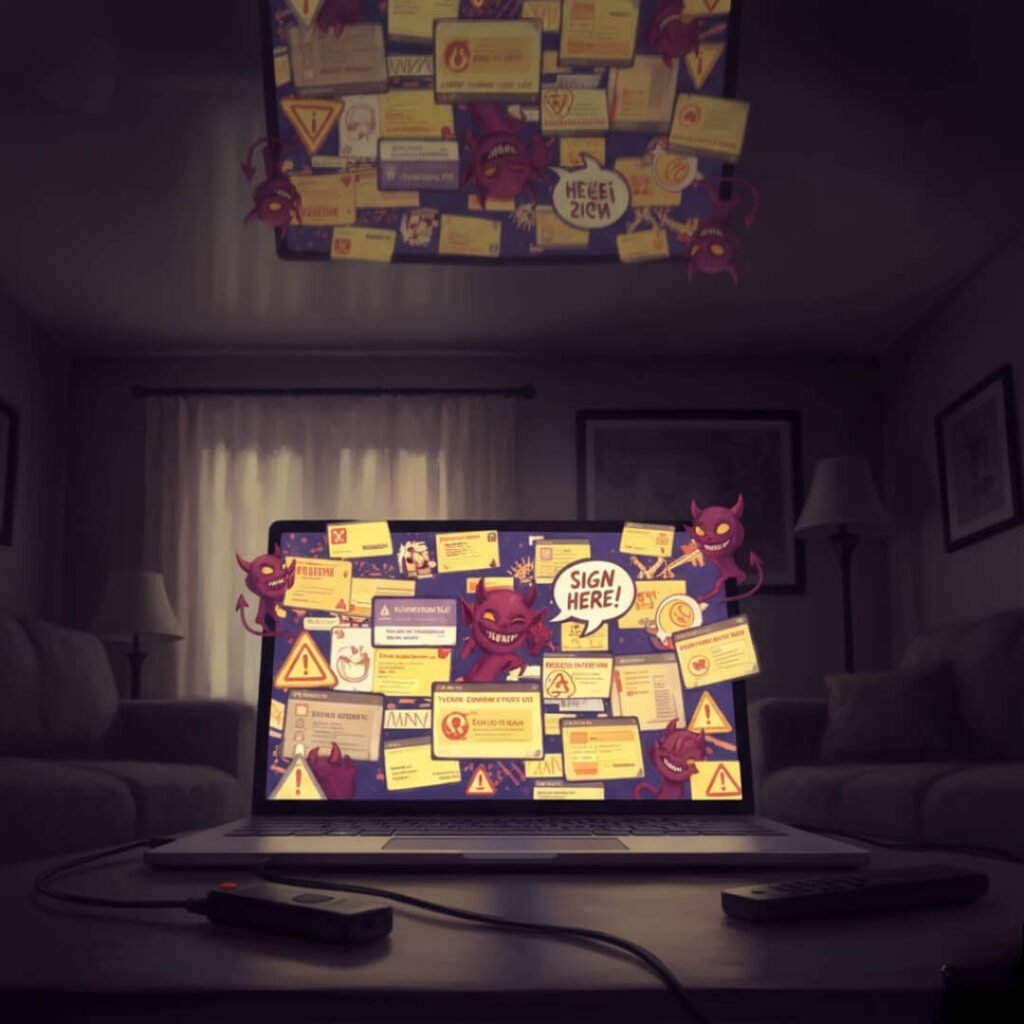 Laptop, scam popups, devils, dimly lit room.